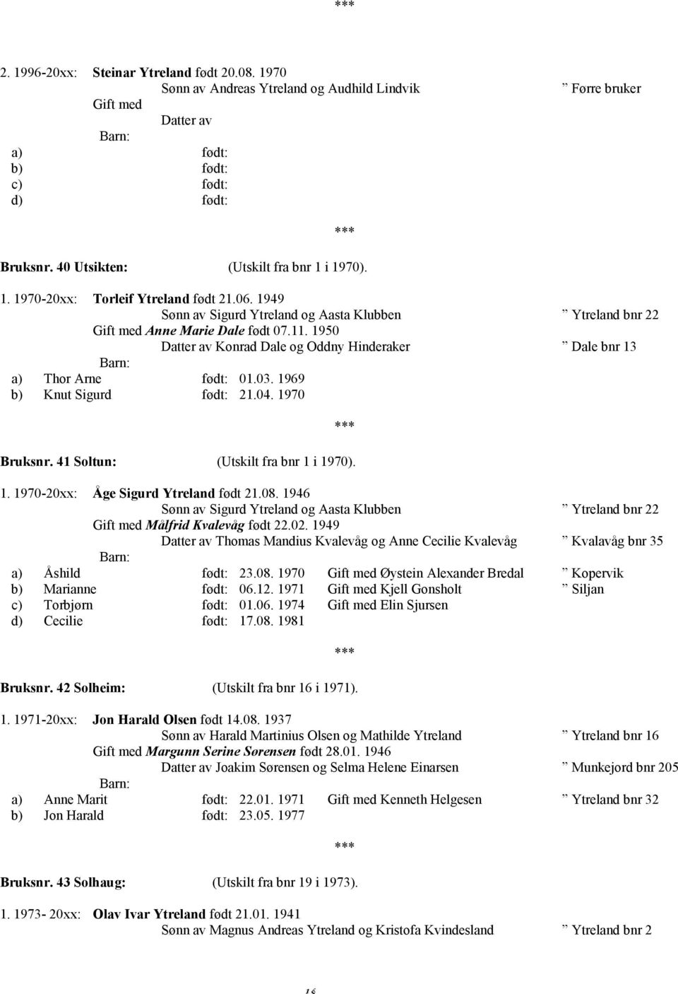 1969 b) Knut Sigurd født: 21.04. 1970 Bruksnr. 41 Soltun: (Utskilt fra bnr 1 i 1970). 1. 1970-20xx: Åge Sigurd Ytreland født 21.08.