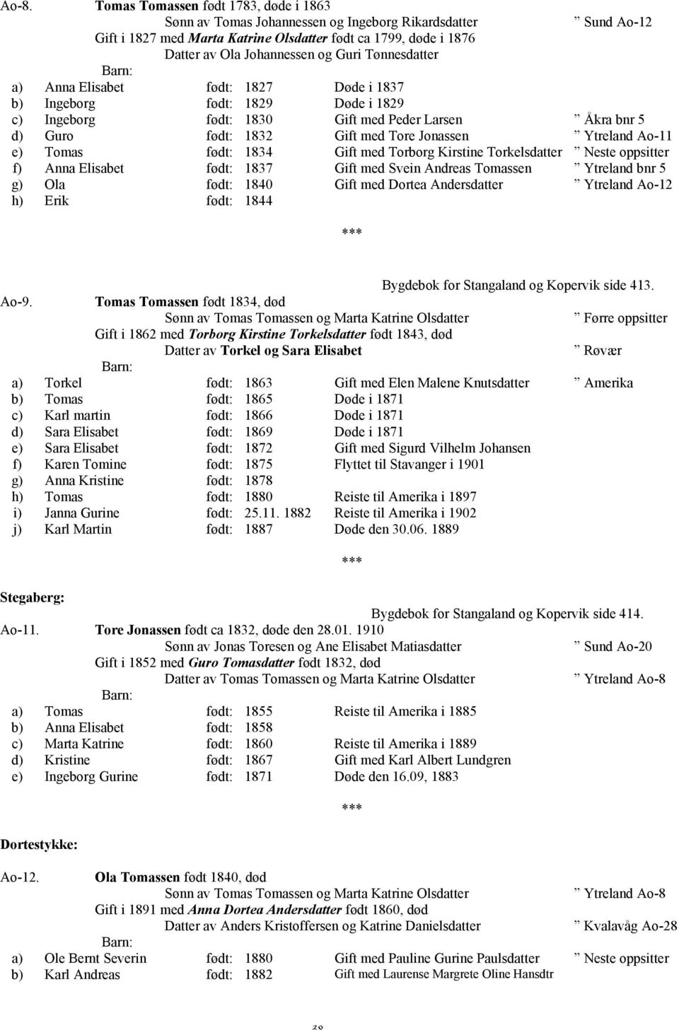 Ao-11 e) Tomas født: 1834 Gift med Torborg Kirstine Torkelsdatter Neste oppsitter f) Anna Elisabet født: 1837 Gift med Svein Andreas Tomassen Ytreland bnr 5 g) Ola født: 1840 Gift med Dortea