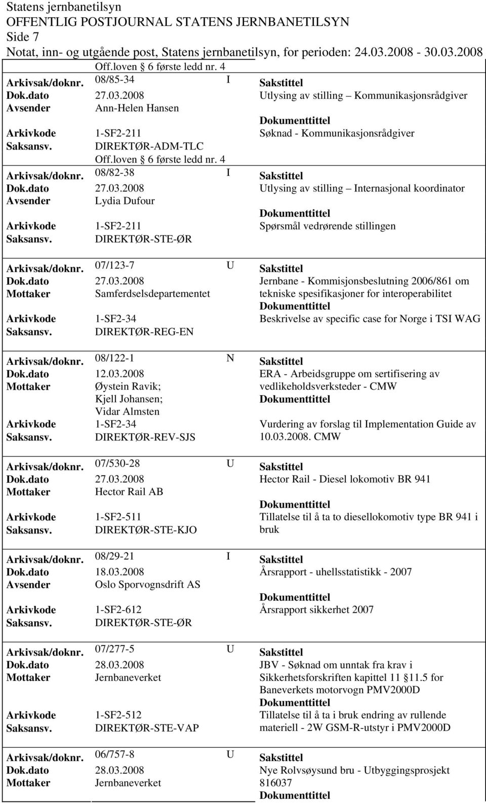 07/123-7 U Sakstittel Jernbane - Kommisjonsbeslutning 2006/861 om Mottaker Samferdselsdepartementet tekniske spesifikasjoner for interoperabilitet Beskrivelse av specific case for Norge i TSI WAG