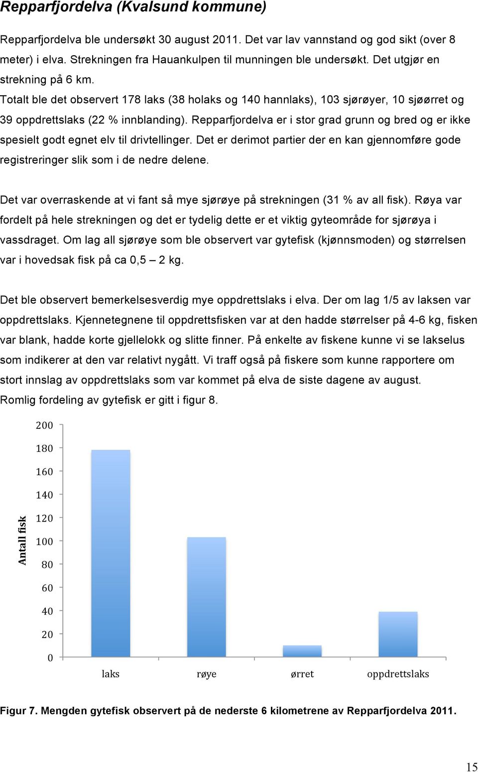 Repparfjordelva er i stor grad grunn og bred og er ikke spesielt godt egnet elv til drivtellinger. Det er derimot partier der en kan gjennomføre gode registreringer slik som i de nedre delene.