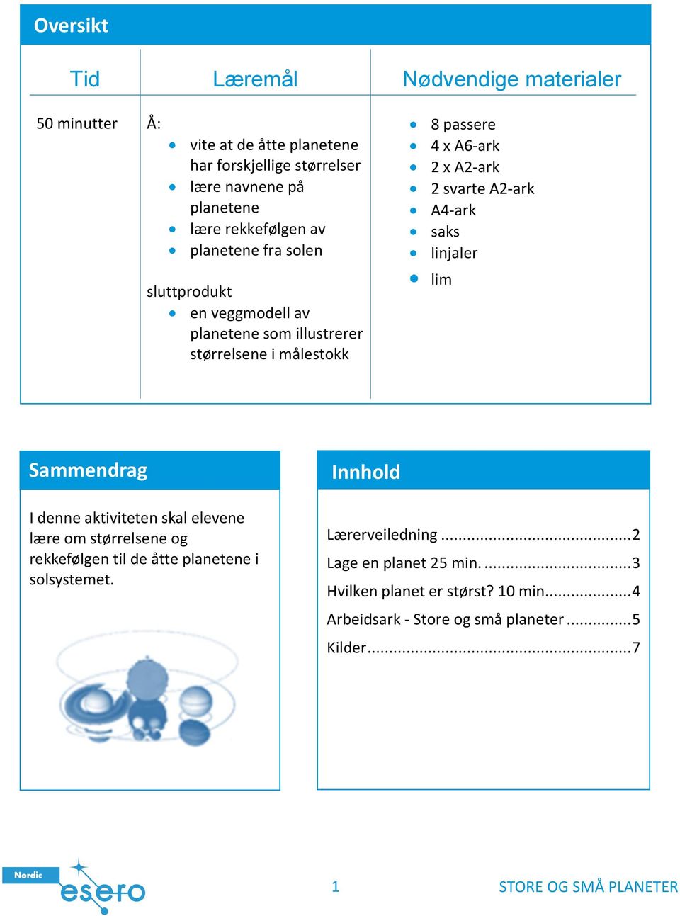 svarte A2-ark A4-ark saks linjaler lim Sammendrag I denne aktiviteten skal elevene lære om størrelsene og rekkefølgen til de åtte planetene i