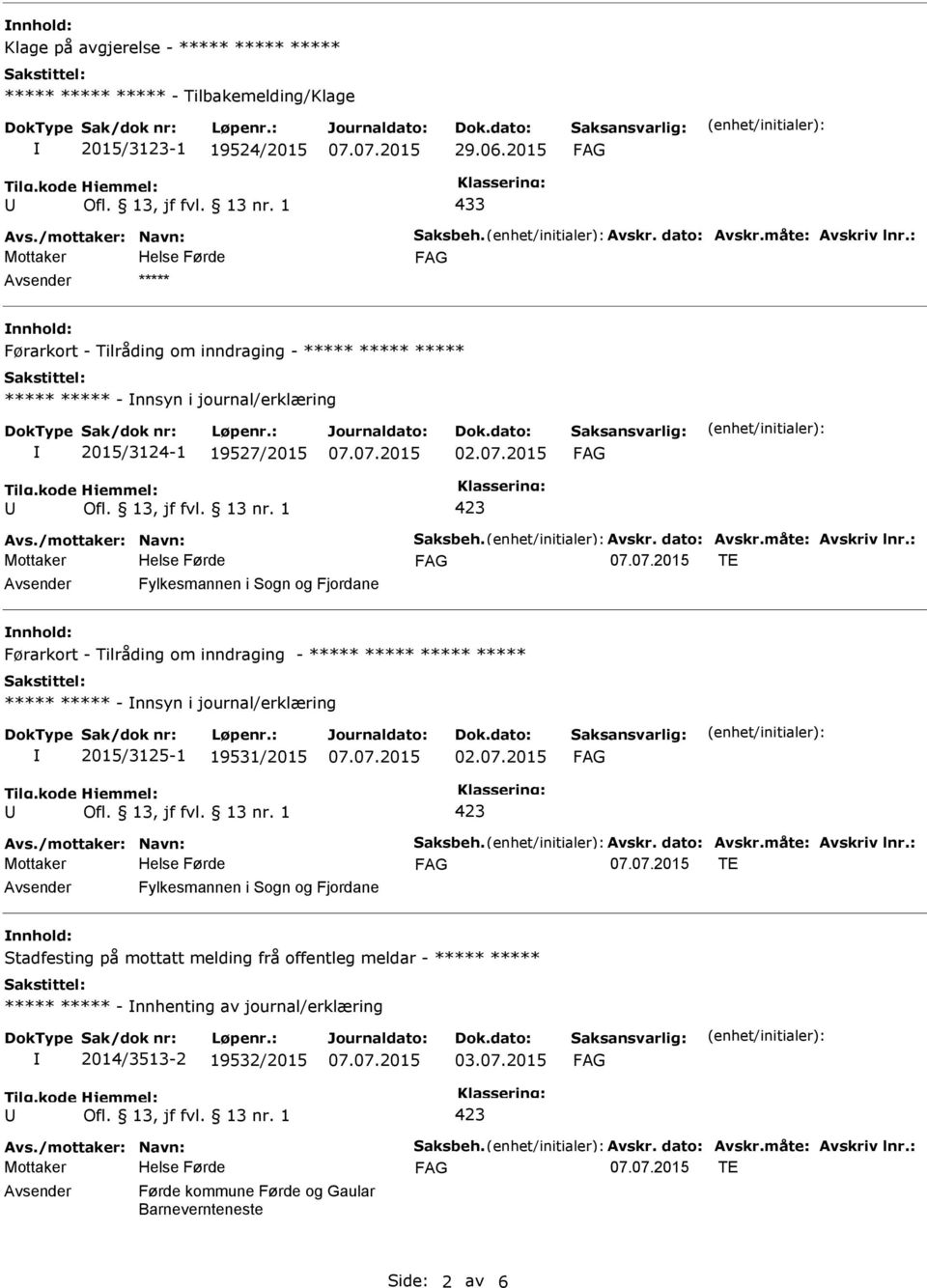 måte: Avskriv lnr.: TE nnhold: Førarkort - Tilråding om inndraging - ***** ***** ***** ***** ***** ***** - nnsyn i journal/erklæring 2015/3125-1 19531/2015 Avs./mottaker: Navn: Saksbeh. Avskr. dato: Avskr.