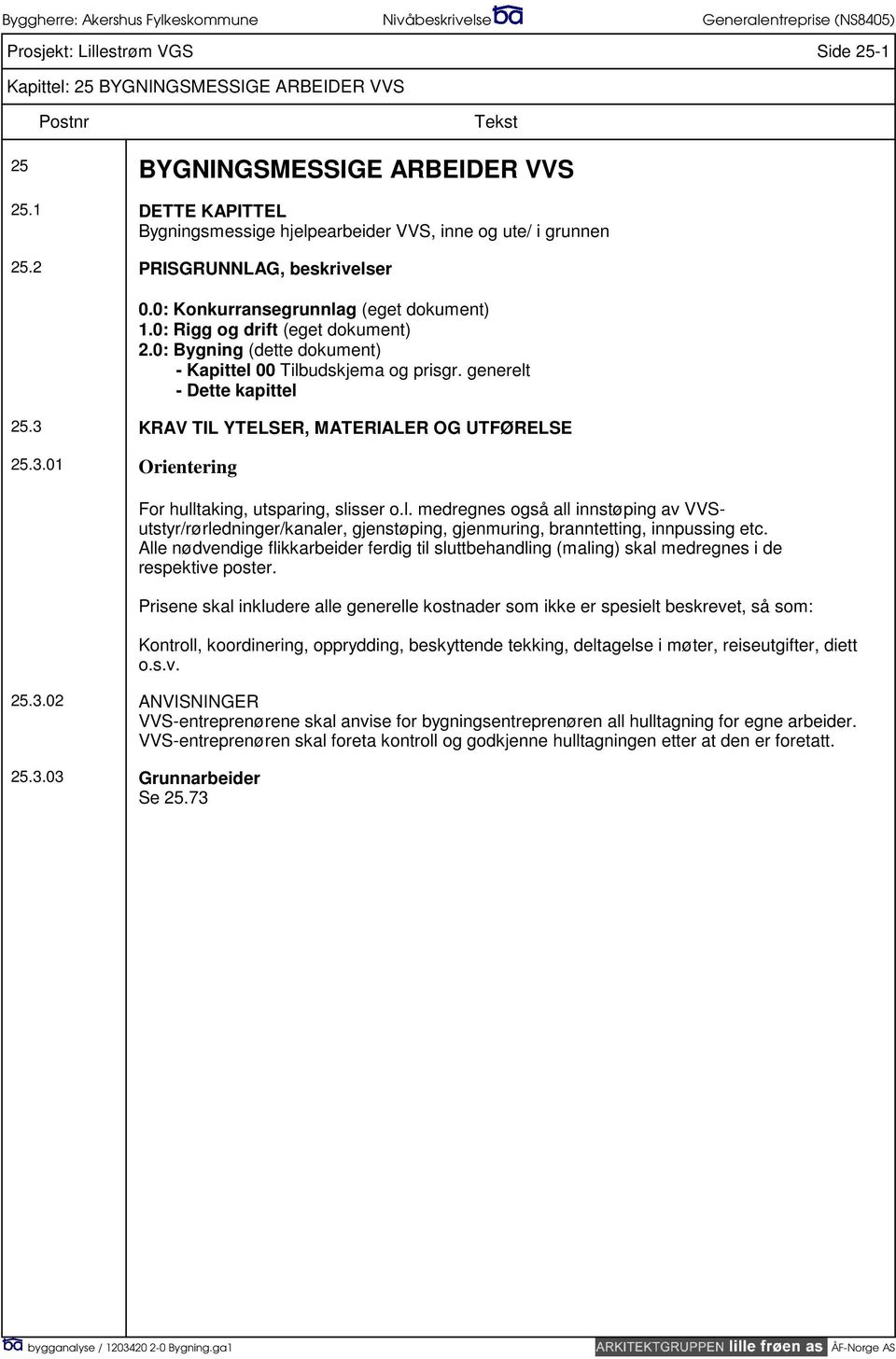 3 KRAV TIL YTELSER, MATERIALER OG UTFØRELSE 25.3.01 Orientering For hulltaking, utsparing, slisser o.l. medregnes også all innstøping av VVSutstyr/rørledninger/kanaler, gjenstøping, gjenmuring, branntetting, innpussing etc.