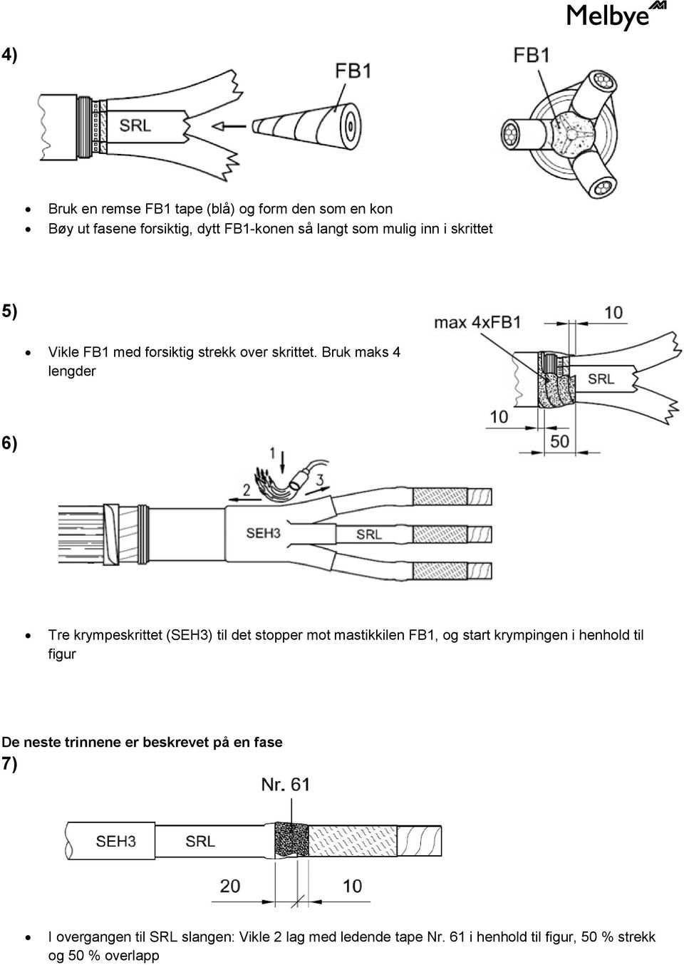 Bruk maks 4 lengder 6) Tre krympeskrittet (SEH3) til det stopper mot mastikkilen FB1, og start krympingen i henhold