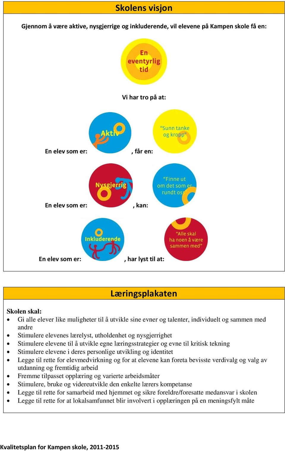 Stimulere elevene til å utvikle egne læringsstrategier og evne til kritisk tekning Stimulere elevene i deres personlige utvikling og identitet Legge til rette for elevmedvirkning og for at elevene