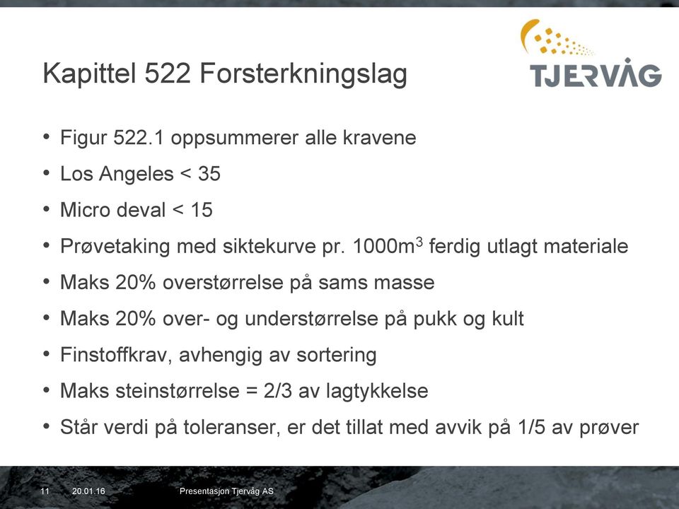 1000m 3 ferdig utlagt materiale Maks 20% overstørrelse på sams masse Maks 20% over- og