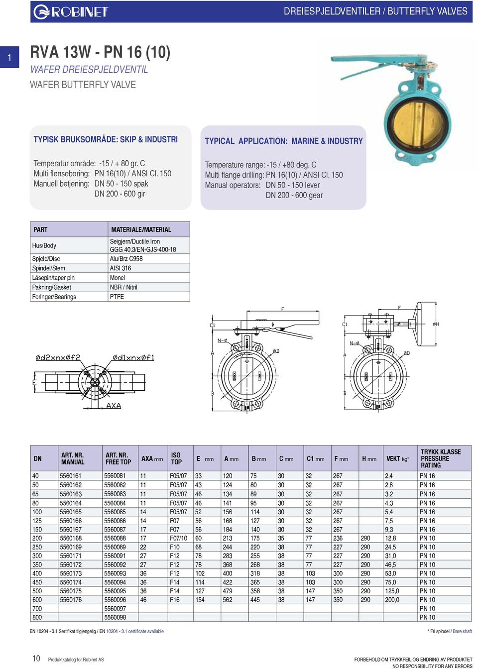 C Multi flange drilling: PN 16(10) / ANSI Cl. 150 Manual operators: 50-150 lever 00-600 gear Hus/Body Seigjern/Ductile Iron GGG 40.