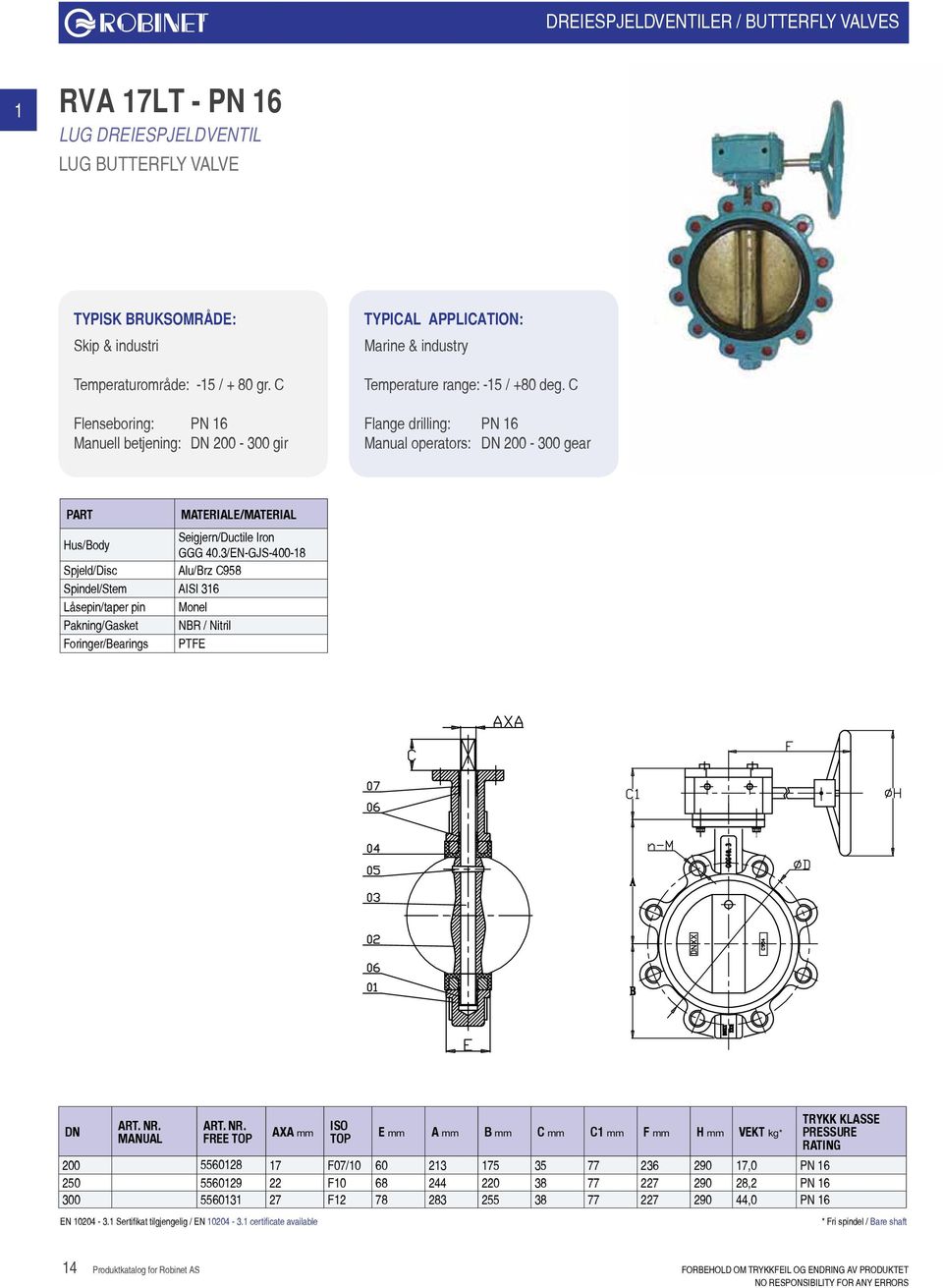 C Flange drilling: PN 16 Manual operators: 00-300 gear Hus/Body Seigjern/Ductile Iron GGG 40.
