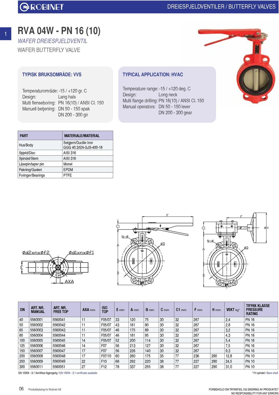 C Design: Long neck Multi flange drilling: PN 16(10) / ANSI Cl. 150 Manual operators: 50-150 lever 00-300 gear Hus/Body Seigjern/Ductile Iron GGG 40.