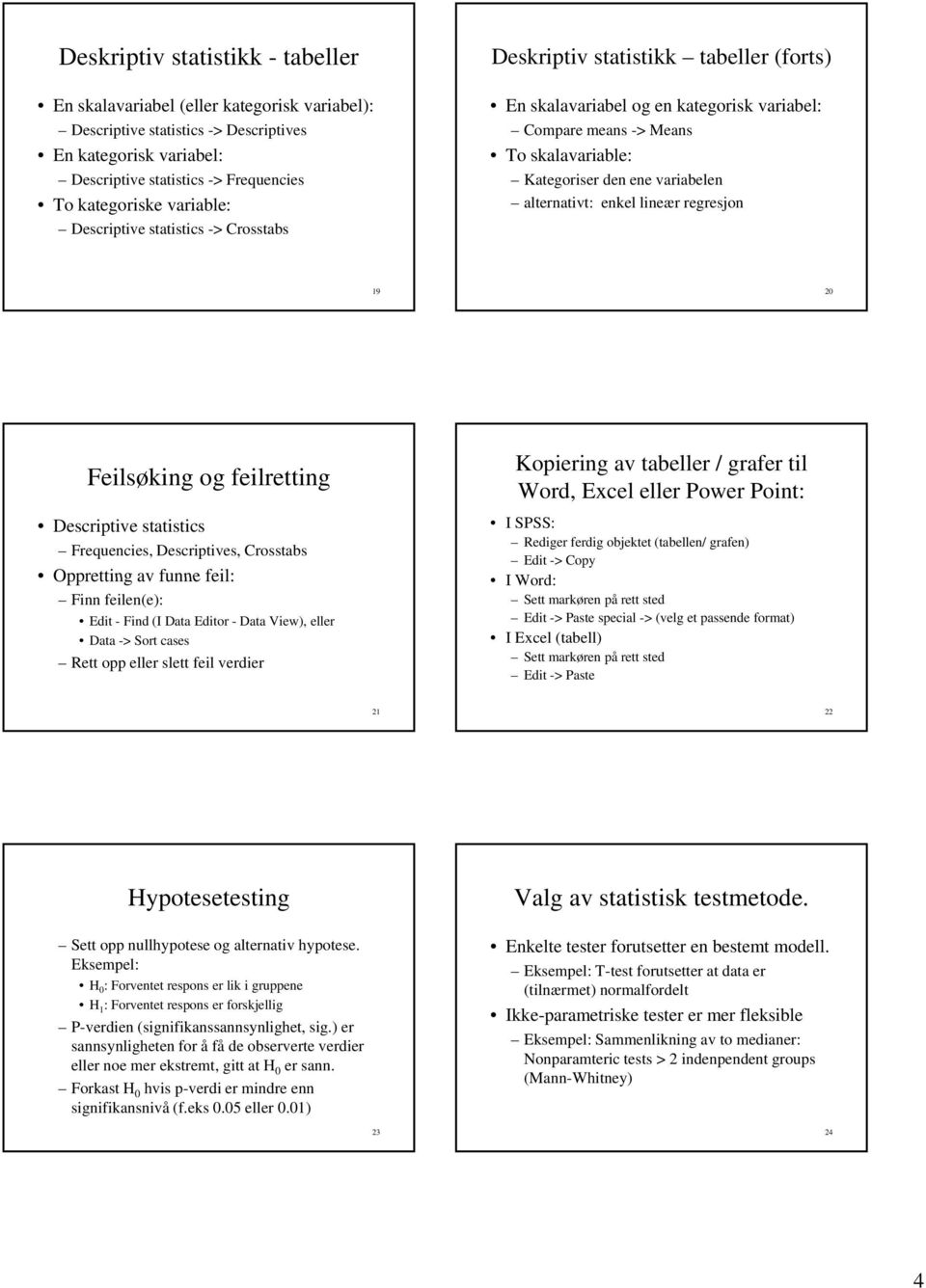 variabelen alternativt: enkel lineær regresjon 19 20 Feilsøking og feilretting Descriptive statistics Frequencies, Descriptives, Crosstabs Oppretting av funne feil: Finn feilen(e): Edit - Find (I