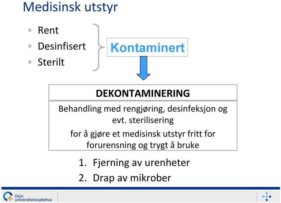 evt. sterilisering for å gjøre et medisinsk utstyr fritt for