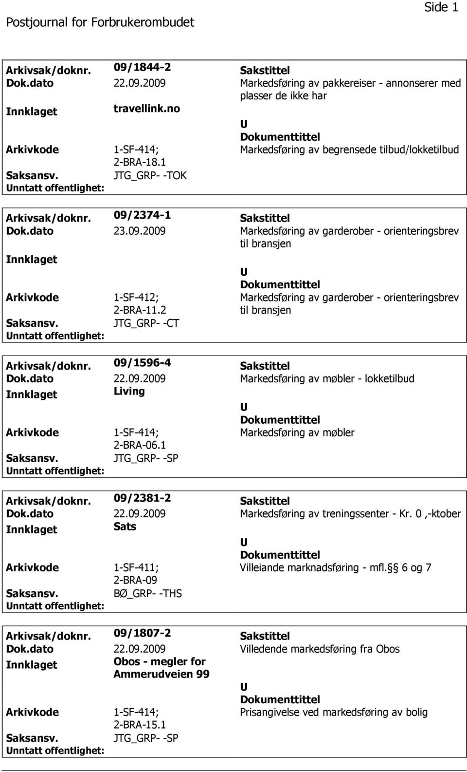 2 JTG_GRP- -CT Markedsføring av garderober - orienteringsbrev til bransjen Arkivsak/doknr. 09/1596-4 Sakstittel Dok.dato 22.09.2009 Markedsføring av møbler - lokketilbud nnklaget Living 1-SF-414; 2-BRA-06.