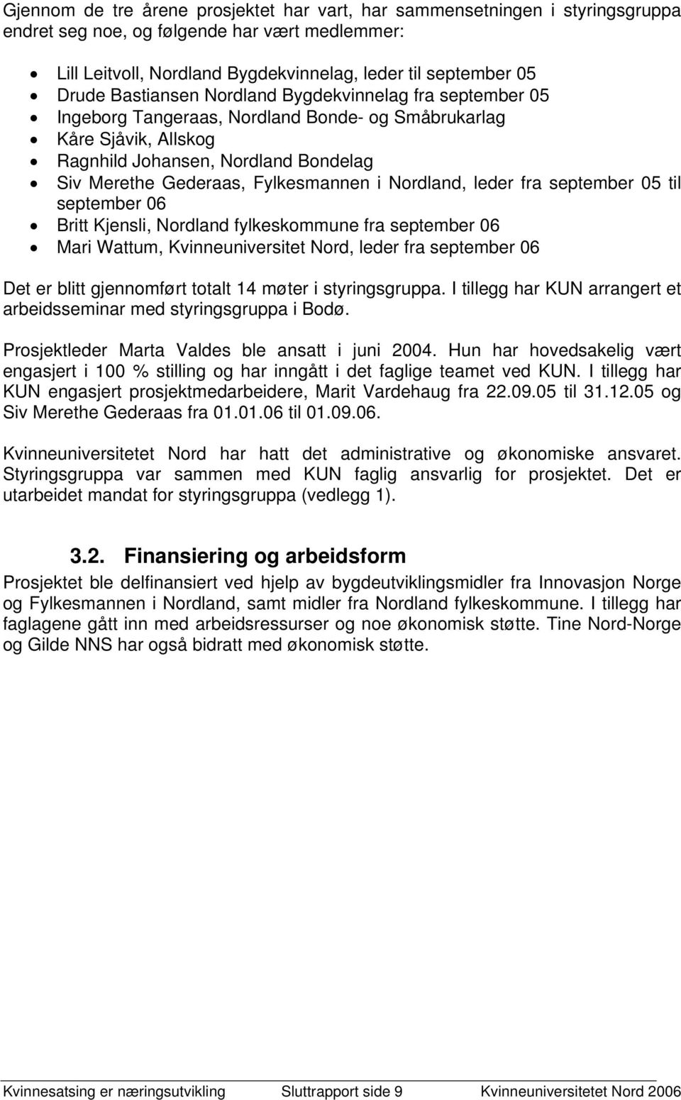 Nordland, leder fra september 05 til september 06 Britt Kjensli, Nordland fylkeskommune fra september 06 Mari Wattum, Kvinneuniversitet Nord, leder fra september 06 Det er blitt gjennomført totalt 14