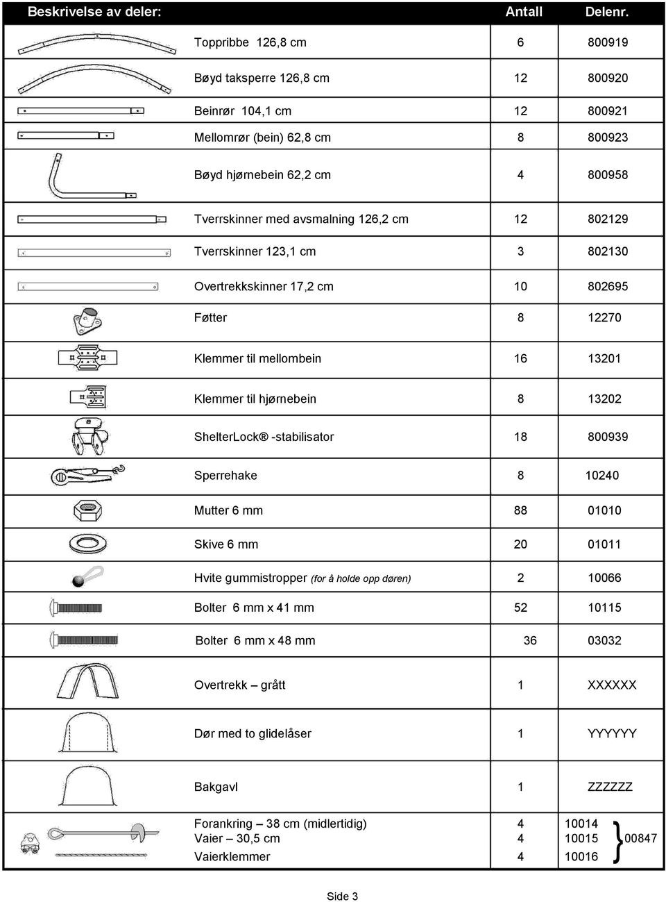 cm 12 802129 Tverrskinner 123,1 cm 3 802130 Overtrekkskinner 17,2 cm 10 802695 Føtter 8 12270 Klemmer til mellombein 16 13201 Klemmer til hjørnebein 8 13202 ShelterLock -stabilisator 18