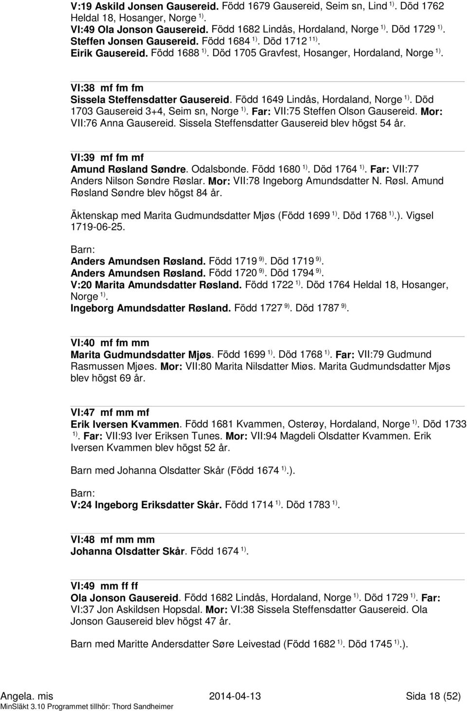 Född 1649 Lindås, Hordaland, Norge 1). Död 1703 Gausereid 3+4, Seim sn, Norge 1). Far: VII:75 Steffen Olson Gausereid. Mor: VII:76 Anna Gausereid. Sissela Steffensdatter Gausereid blev högst 54 år.