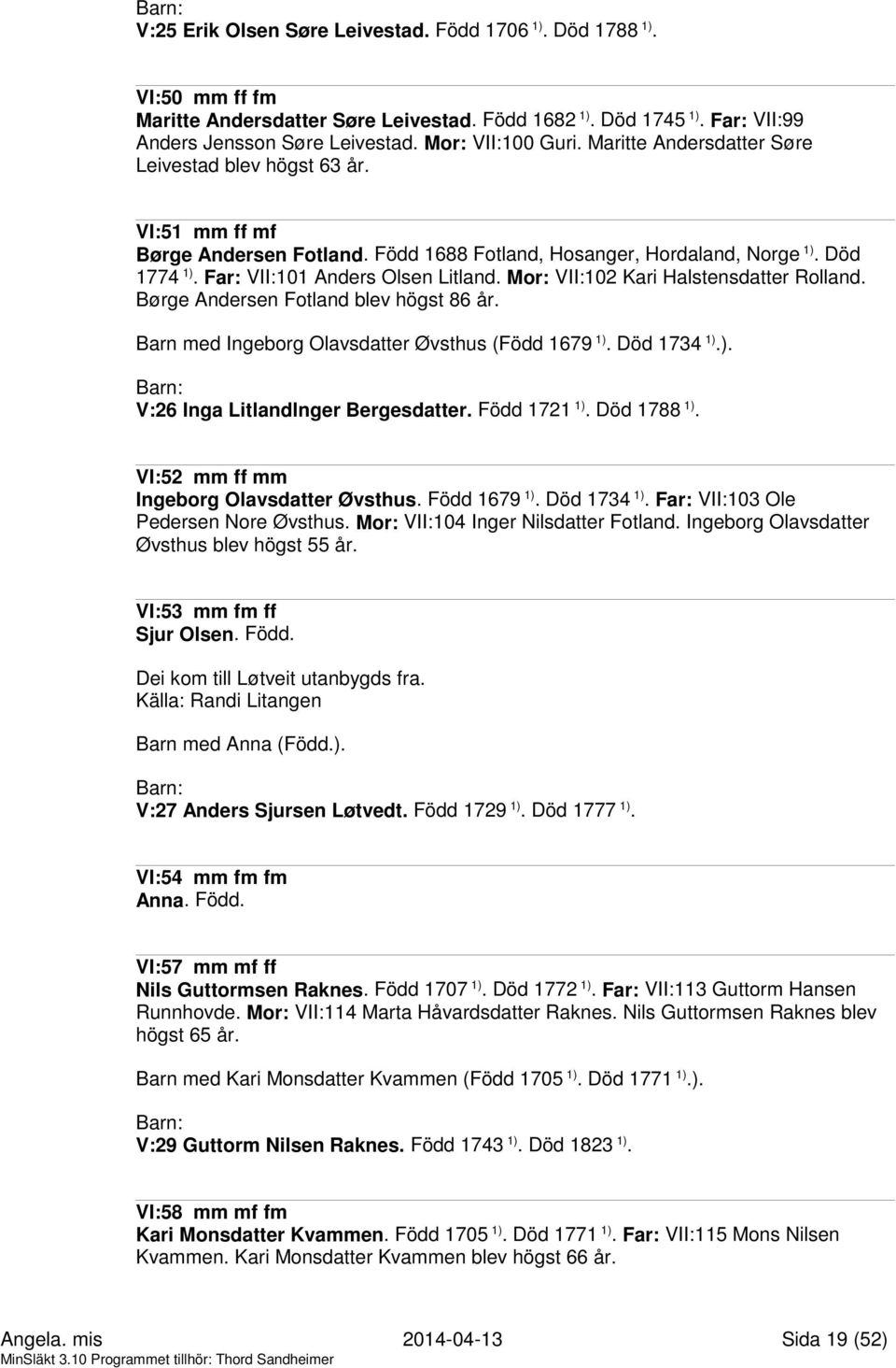 Mor: VII:102 Kari Halstensdatter Rolland. Børge Andersen Fotland blev högst 86 år. Barn med Ingeborg Olavsdatter Øvsthus (Född 1679 1). Död 1734 1).). V:26 Inga Litlandlnger Bergesdatter.