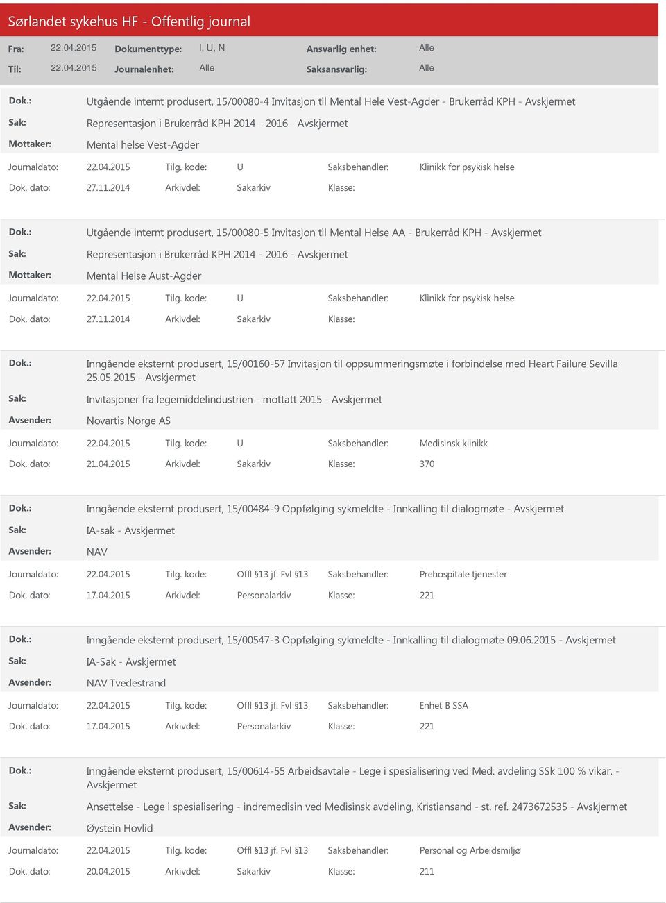 2014 Arkivdel: Sakarkiv tgående internt produsert, 15/00080-5 Invitasjon til Mental Helse AA - Brukerråd KPH - Representasjon i Brukerråd KPH 2014-2016 - Mental Helse Aust-Agder Klinikk for psykisk