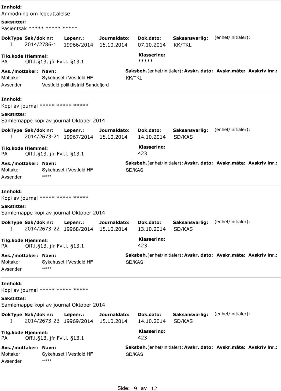 dato: Avskr.måte: Avskriv lnr.: Mottaker SD/KAS Kopi av journal Samlemappe kopi av journal Oktober 2014 2014/2673-22 19968/2014 13.10.2014 SD/KAS 423 Avs./mottaker: Navn: Saksbeh. Avskr. dato: Avskr.