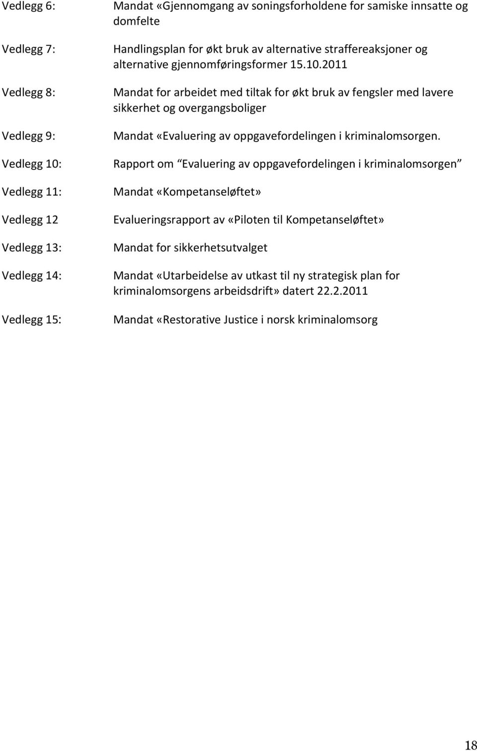 2011 Mandat for arbeidet med tiltak for økt bruk av fengsler med lavere sikkerhet og overgangsboliger Mandat «Evaluering av oppgavefordelingen i kriminalomsorgen.