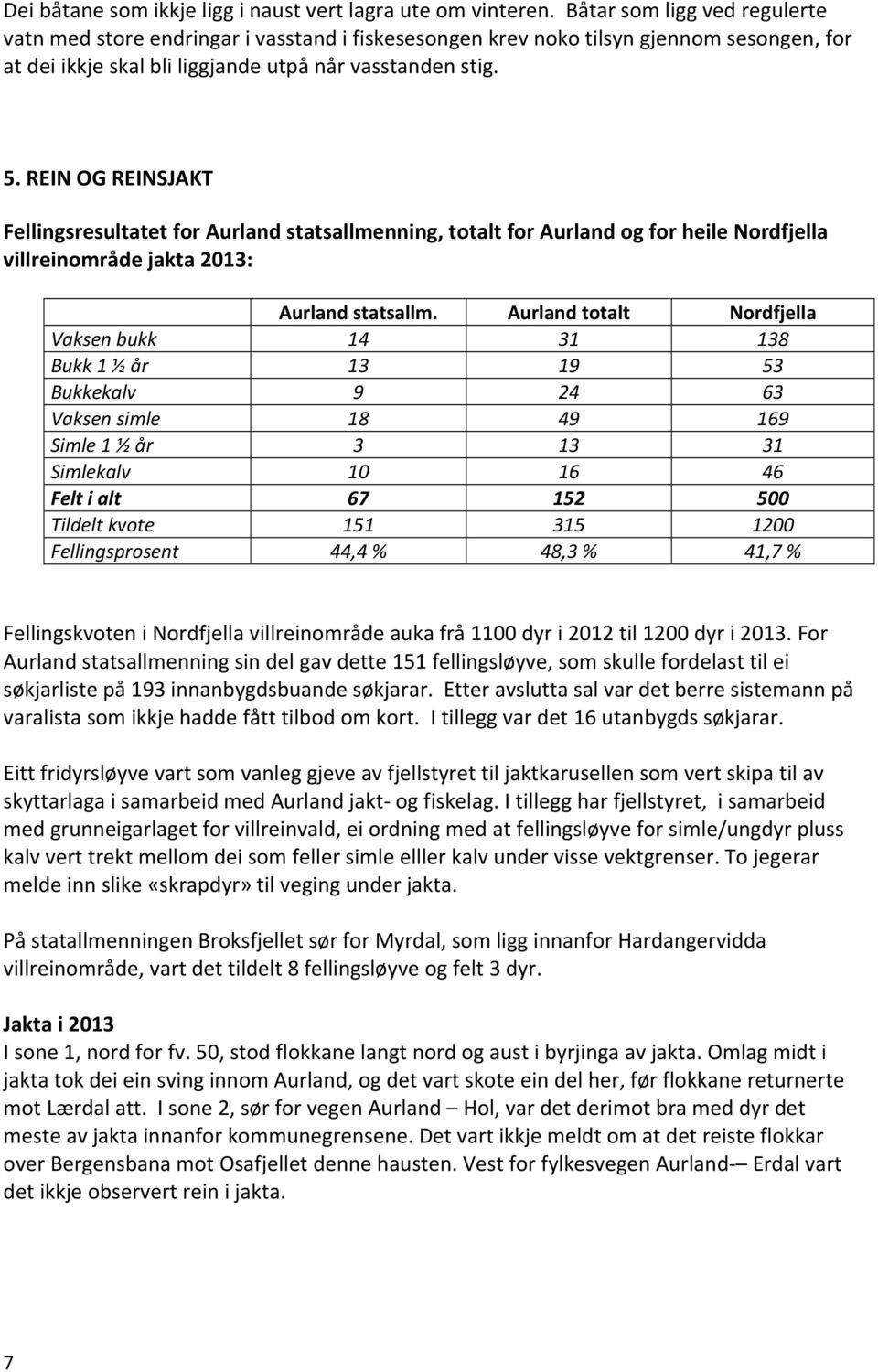 REIN OG REINSJAKT Fellingsresultatet for Aurland statsallmenning, totalt for Aurland og for heile Nordfjella villreinområde jakta 2013: Aurland statsallm.