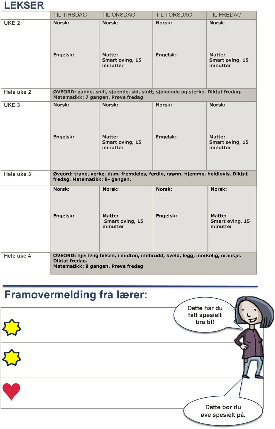 Prøve fredag Hele uke 3 Øveord: trang, verke, dum, fremdeles, ferdig, grønn, hjemme, heldigvis. Diktat fredag. Matematikk: 8- gangen.