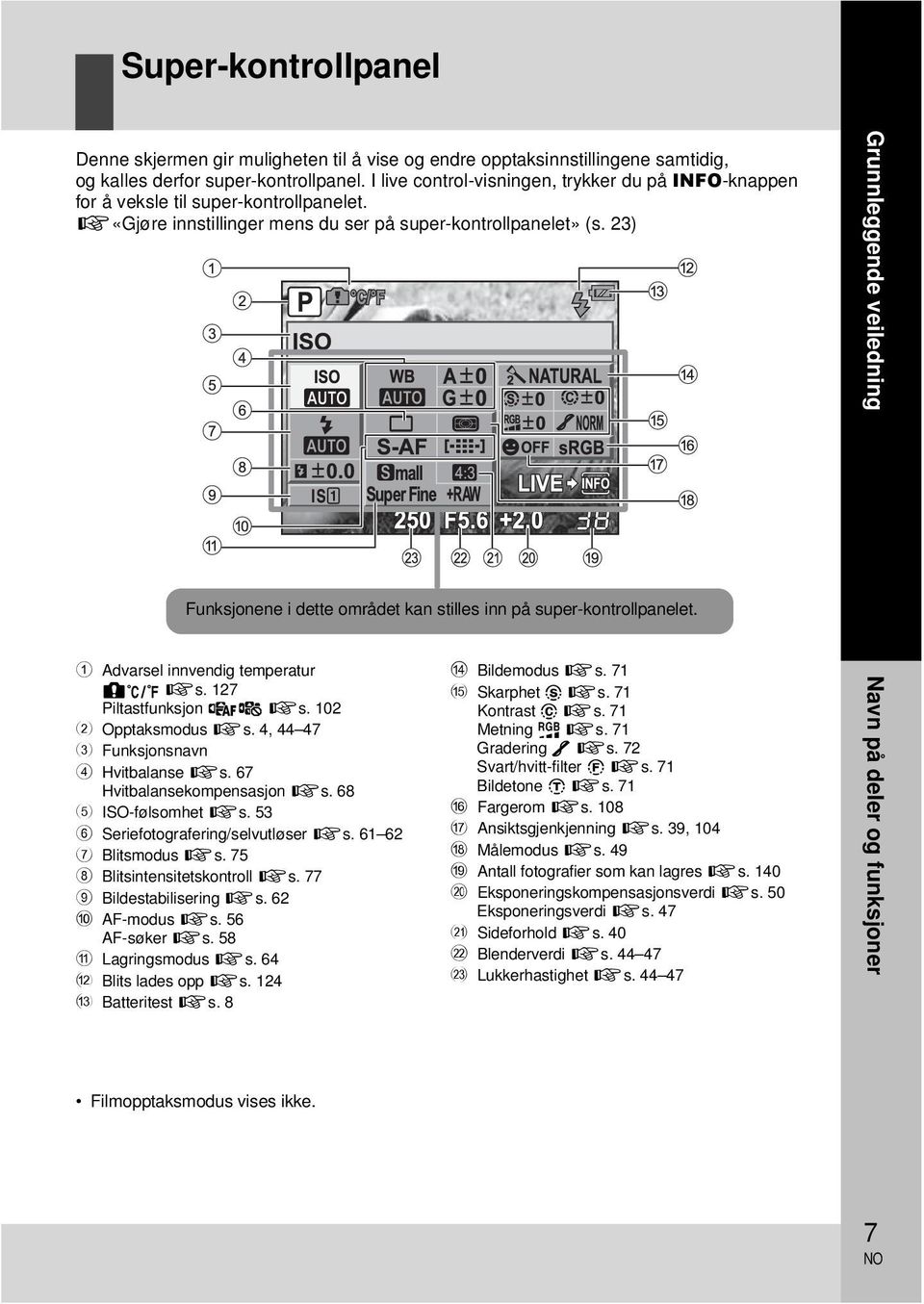 23) Grunnleggende veiledning Funksjonene i dette området kan stilles inn på super-kontrollpanelet. 1 Advarsel innvendig temperatur m gs. 127 Piltastfunksjon ep gs. 102 2 Opptaksmodus gs.