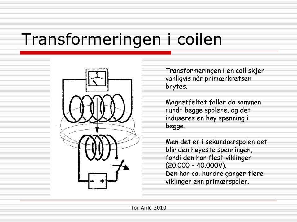 Magnetfeltet faller da sammen rundt begge spolene, og det induseres en høy spenning i