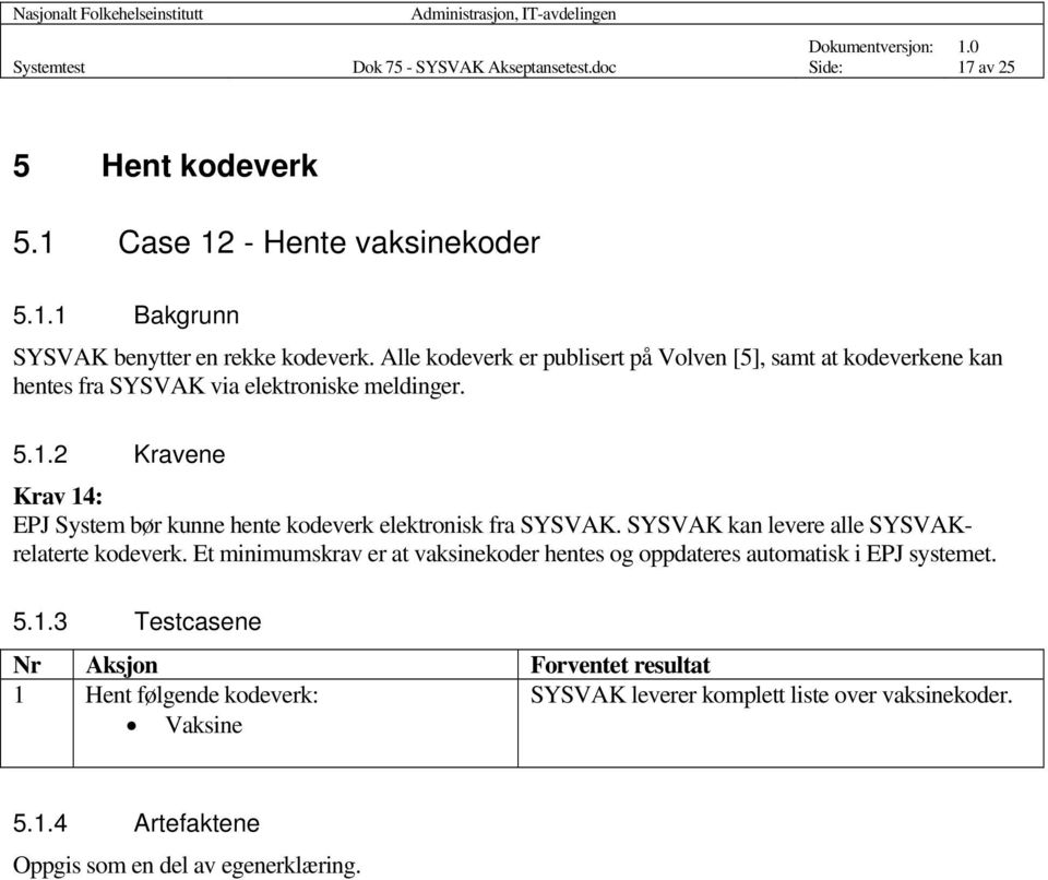 2 Kravene Krav 14: EPJ System bør kunne hente kodeverk elektronisk fra SYSVAK. SYSVAK kan levere alle SYSVAKrelaterte kodeverk.