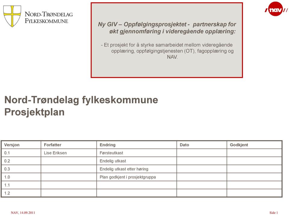 Nord-Trøndelag fylkeskommune Prosjektplan Versjon Forfatter Endring Dato Godkjent 0.