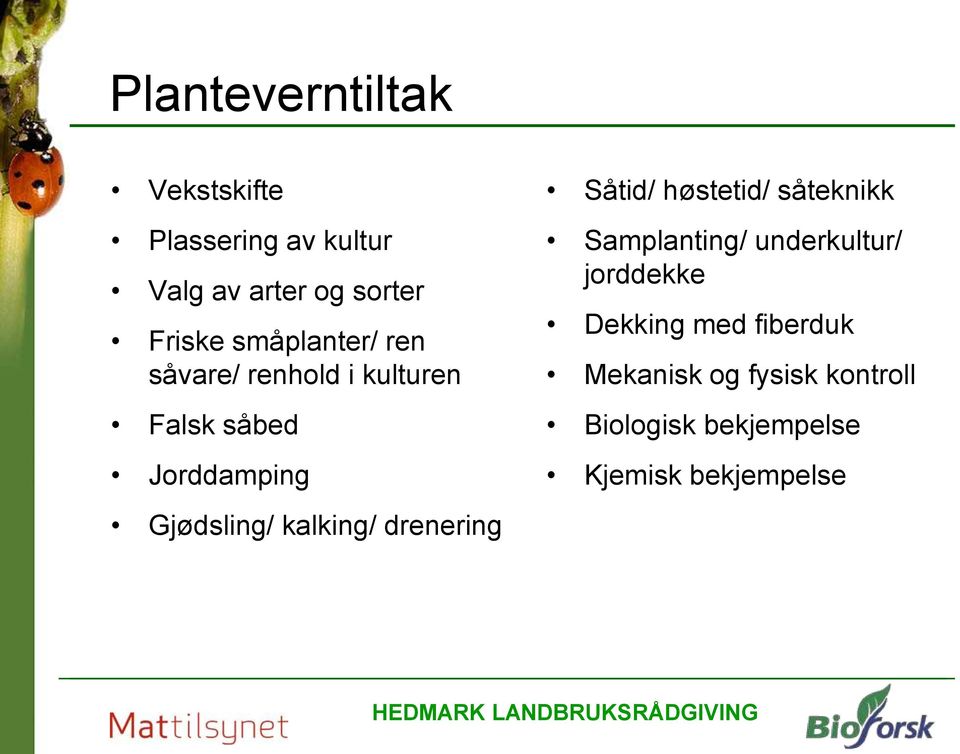 drenering Såtid/ høstetid/ såteknikk Samplanting/ underkultur/ jorddekke Dekking med