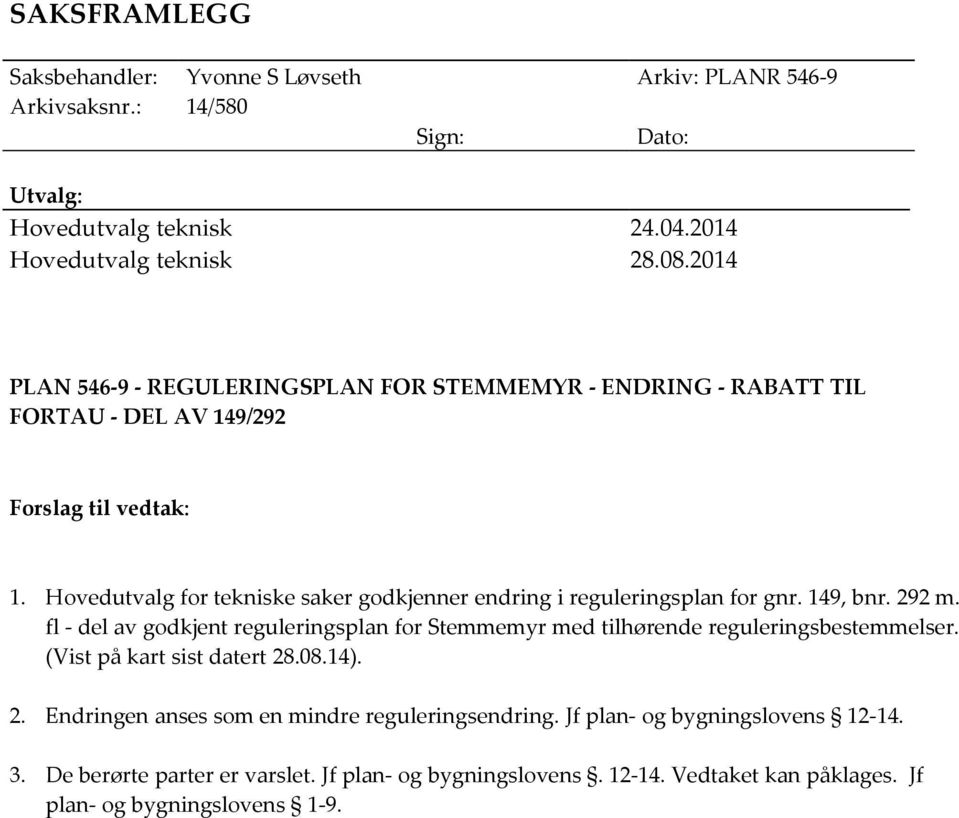 Hovedutvalg for tekniske saker godkjenner endring i reguleringsplan for gnr. 149, bnr. 292 m.