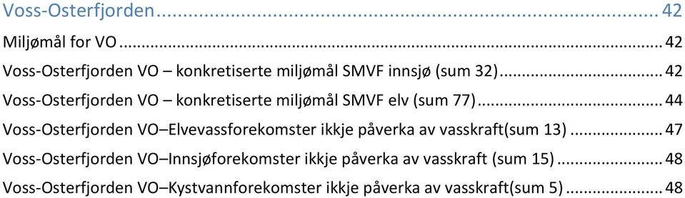 .. 44 Voss-Osterfjorden VO Elvevassforekomster ikkje påverka av vasskraft(sum 13).