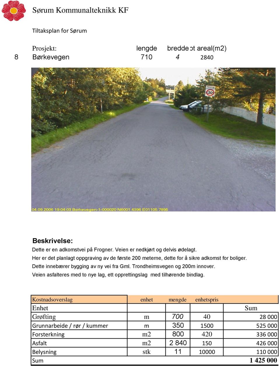 Trondheimsvegen og 200m innover. Veien asfalteres med to nye lag, ett opprettingslag med tilhørende bindlag.