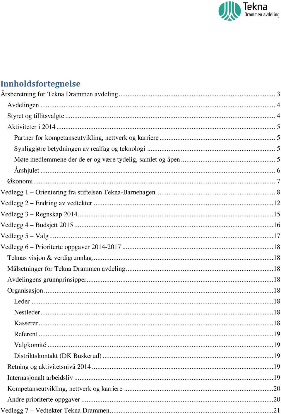 .. 7 Vedlegg 1 Orientering fra stiftelsen Tekna-Barnehagen... 8 Vedlegg 2 Endring av vedtekter...12 Vedlegg 3 Regnskap 2014...15 Vedlegg 4 Budsjett 2015...16 Vedlegg 5 Valg.