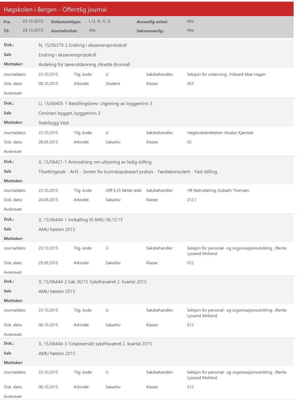 2015 Arkivdel: Sakarkiv 03 X, 15/06421-1 Anmodning om utlysning av ledig stilling Tilsettingssak - AHS - Senter for kunnskapsbasert praksis - Førstekonsulent - Fast stilling Dok. dato: 24.09.