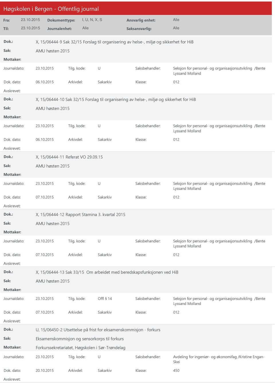 15 AM høsten 2015 Dok. dato: 07.10.2015 Arkivdel: Sakarkiv X, 15/06444-12 Rapport Stamina 3. kvartal 2015 AM høsten 2015 Dok. dato: 07.10.2015 Arkivdel: Sakarkiv X, 15/06444-13 Sak 33/15 Om arbeidet med beredskapsfunksjonen ved HiB AM høsten 2015 Offl 14 Dok.