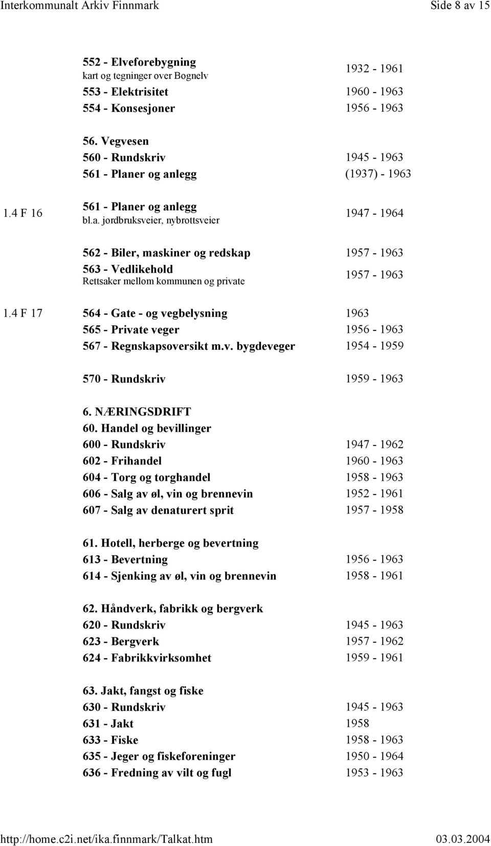 4 F 17 564 - Gate - og vegbelysning 1963 565 - Private veger 1956-1963 567 - Regnskapsoversikt m.v. bygdeveger 1954-1959 570 - Rundskriv 1959-1963 6. NÆRINGSDRIFT 60.