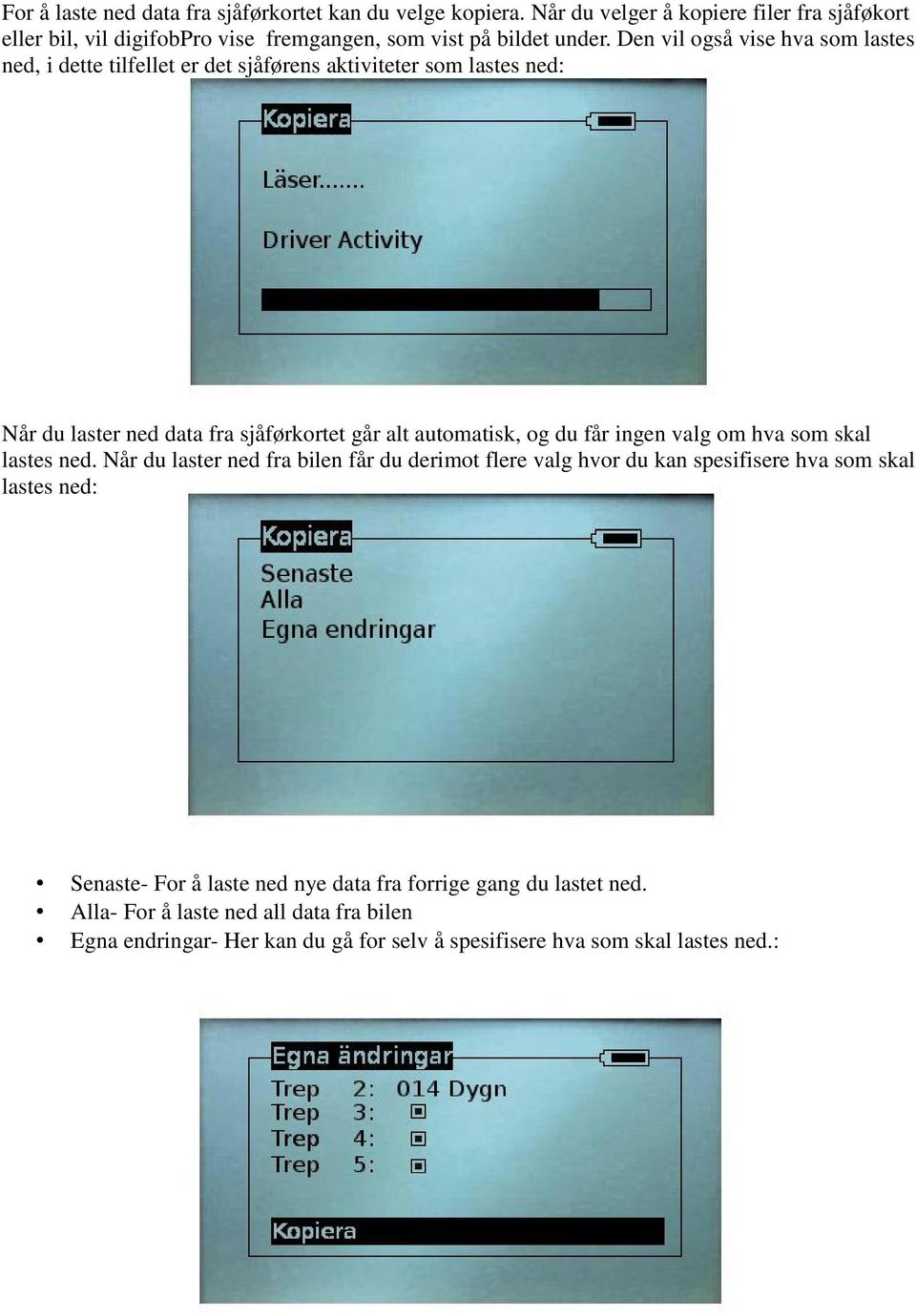 Den vil også vise hva som lastes ned, i dette tilfellet er det sjåførens aktiviteter som lastes ned: Når du laster ned data fra sjåførkortet går alt automatisk, og du