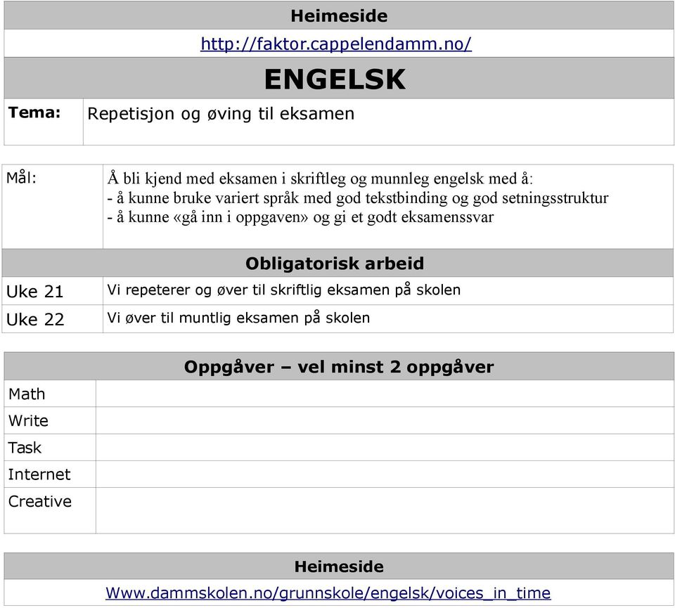 variert språk med god tekstbinding og god setningsstruktur - å kunne «gå inn i oppgaven» og gi et godt eksamenssvar Uke 21 Uke 22