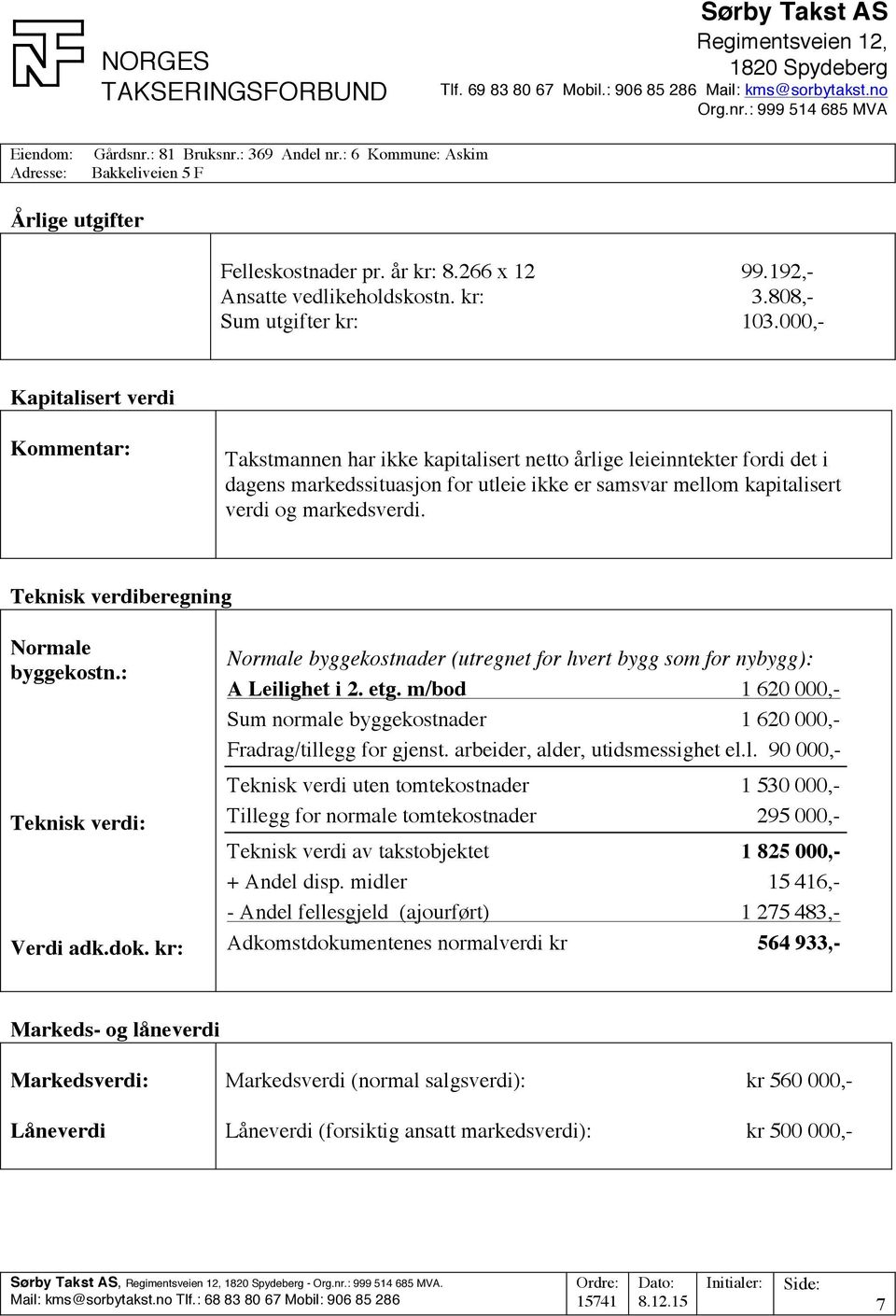 markedsverdi. Teknisk verdiberegning Normale byggekostn.: Teknisk verdi: Verdi adk.dok. kr: Normale byggekostnader (utregnet for hvert bygg som for nybygg): A Leilighet i 2. etg.