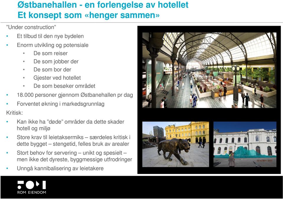 000 personer gjennom Østbanehallen pr dag Forventet økning i markedsgrunnlag Kritisk: Kan ikke ha døde områder da dette skader hotell og miljø Store