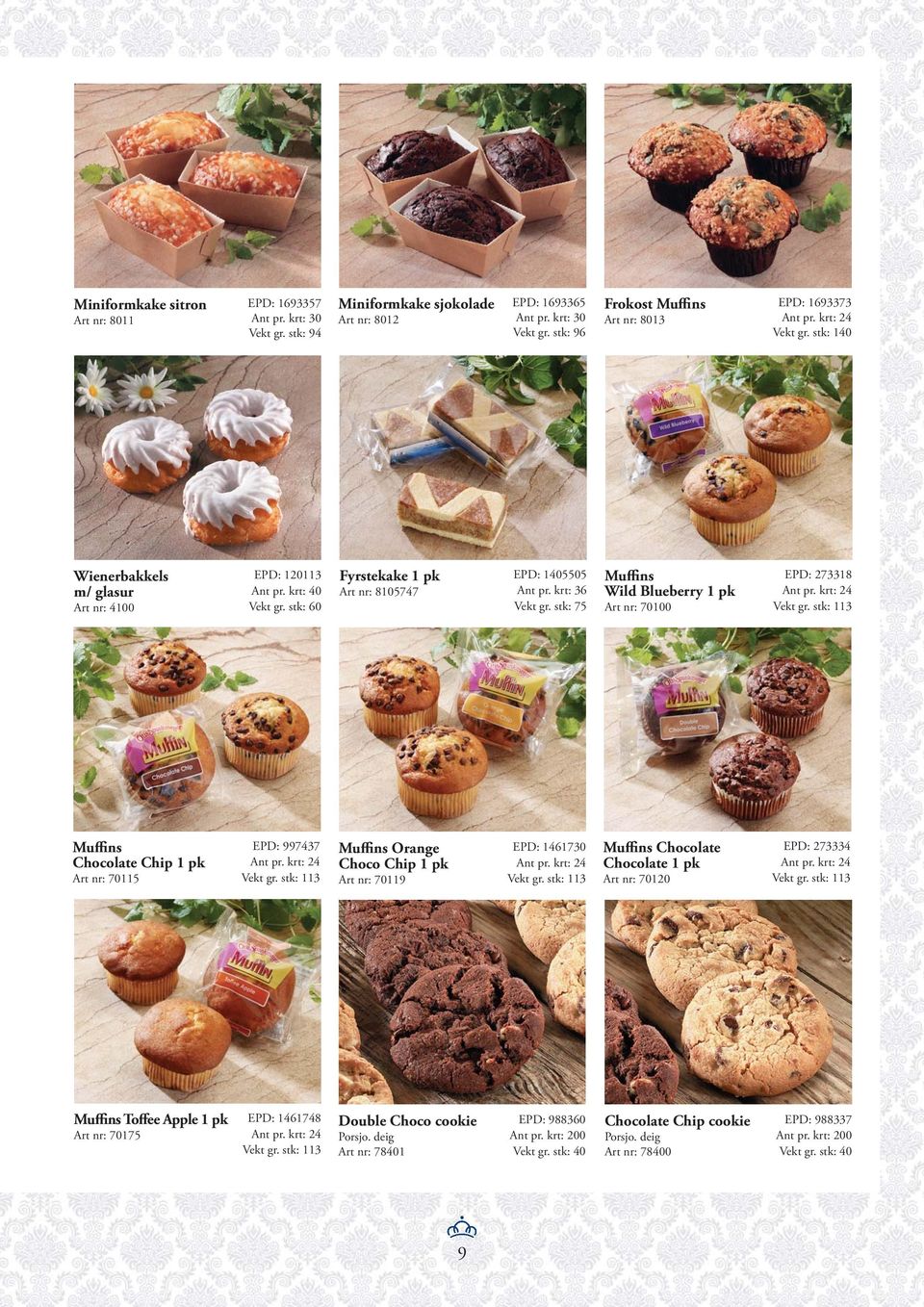 stk: 75 Muffins Wild Blueberry 1 pk Art nr: 70100 EPD: 273318 Vekt gr. stk: 113 Muffins Chocolate Chip 1 pk Art nr: 70115 EPD: 997437 Vekt gr.