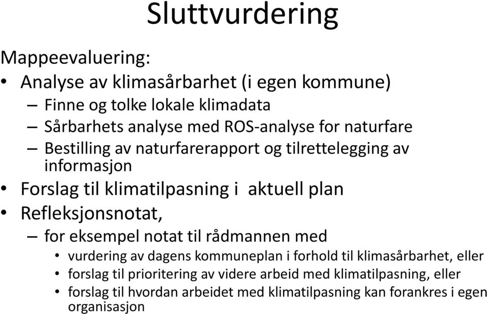 Refleksjonsnotat, for eksempel notat til rådmannen med vurdering av dagens kommuneplan i forhold til klimasårbarhet, eller forslag til