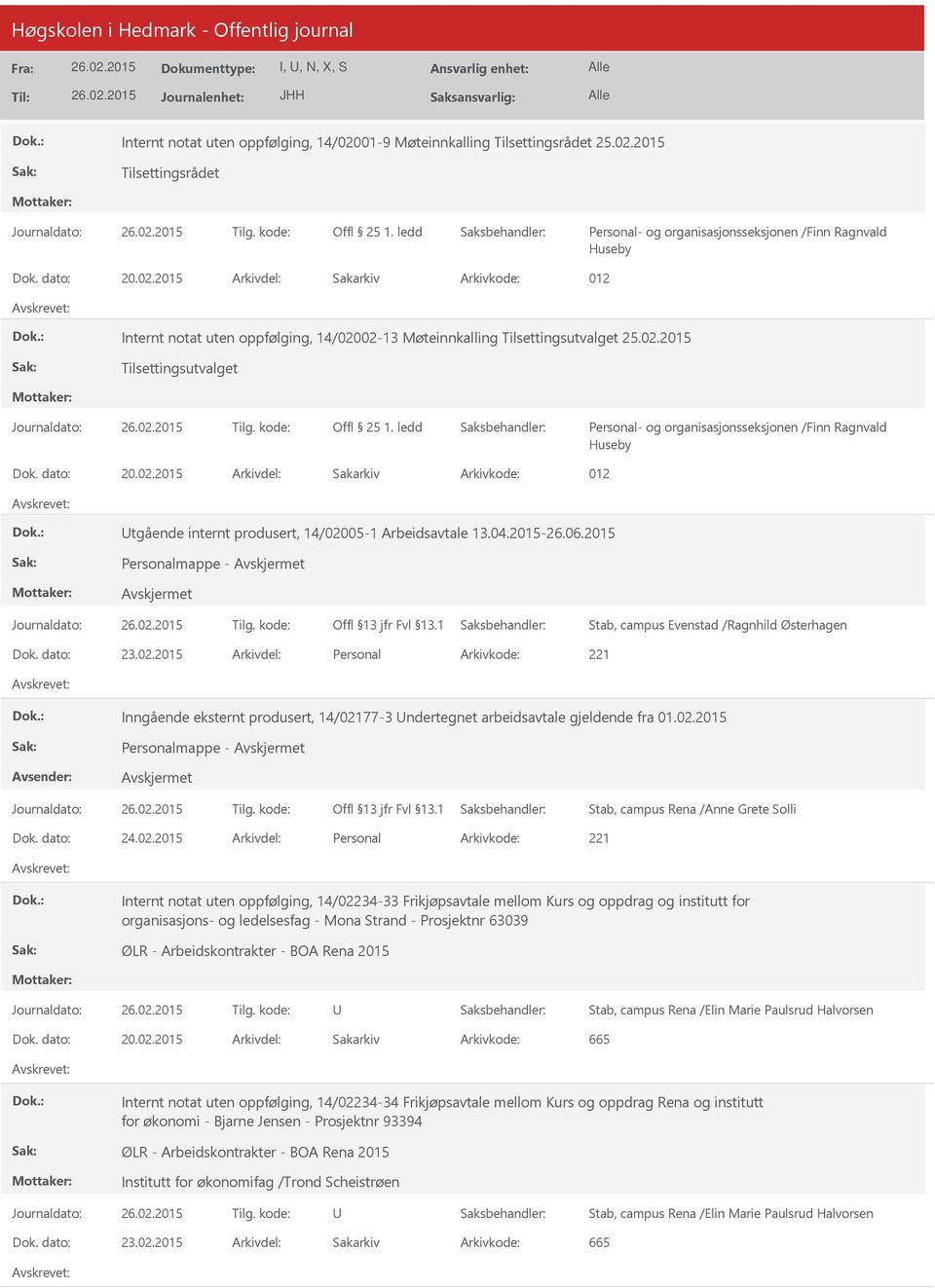 2015-26.06.2015 Avskjermet Stab, campus Evenstad /Ragnhild Østerhagen Dok. dato: 23.02.2015 Arkivdel: Personal Inngående eksternt produsert, 14/02177-3 ndertegnet arbeidsavtale gjeldende fra 01.02.2015 Avskjermet Dok.