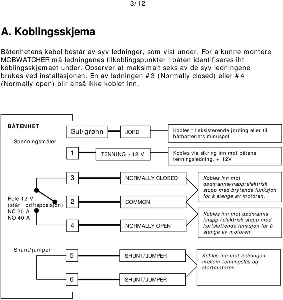 BÅTENHET Spenningsmåler Gul/grønn JORD 1 TENNING +12 V Kobles til eksisterende jording eller til båtbatteriets minuspol Kobles via sikring inn mot båtens tenningsledning, + 12V Rele 12 V (står i