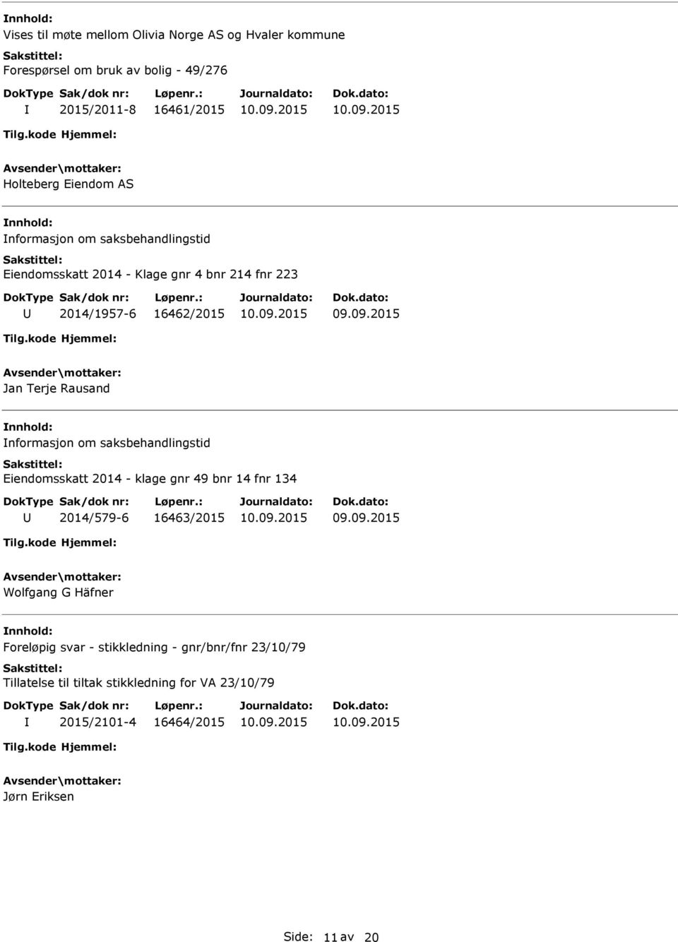 nformasjon om saksbehandlingstid Eiendomsskatt 2014 - klage gnr 49 bnr 14 fnr 134 2014/579-6 16463/2015 Wolfgang G Häfner Foreløpig