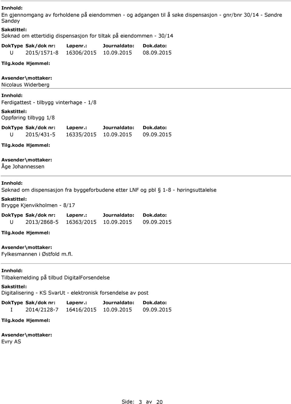 2015 Nicolaus Widerberg Ferdigattest - tilbygg vinterhage - 1/8 Oppføring tilbygg 1/8 2015/431-5 16335/2015 Åge Johannessen Søknad om dispensasjon fra