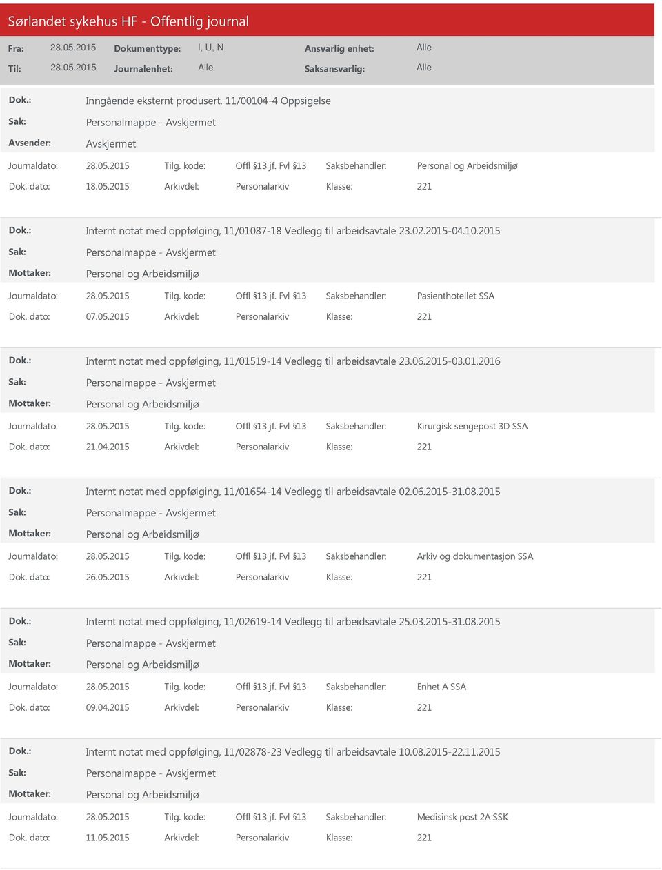 2015 Arkivdel: Personalarkiv Internt notat med oppfølging, 11/01654-14 Vedlegg til arbeidsavtale 02.06.2015-31.08.2015 Personalmappe - Arkiv og dokumentasjon SSA Dok. dato: 26.05.