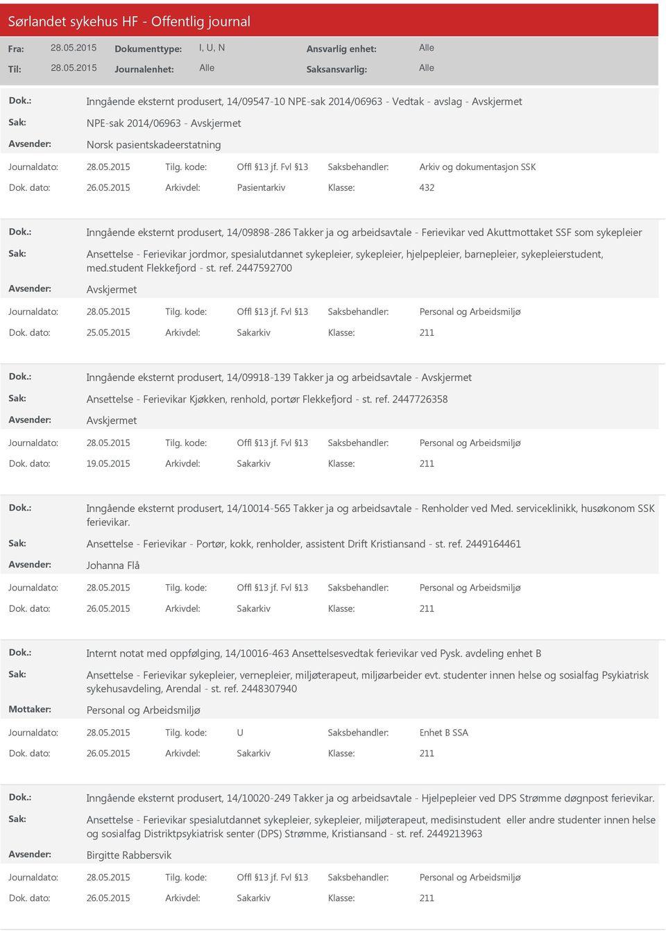 spesialutdannet sykepleier, sykepleier, hjelpepleier, barnepleier, sykepleierstudent, med.student Flekkefjord - st. ref. 2447592700 Dok. dato: 25.05.