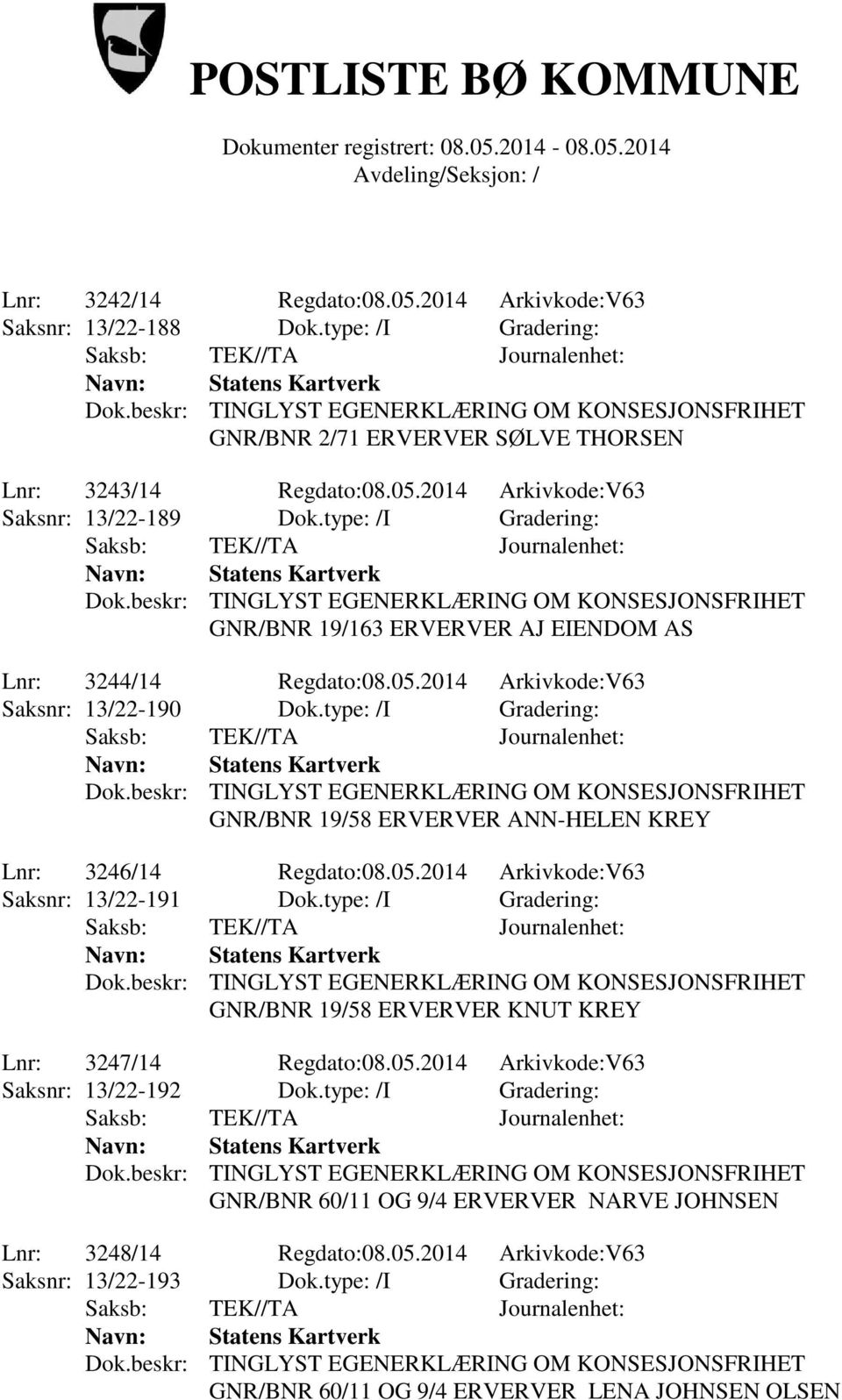 type: /I Gradering: GNR/BNR 19/58 ERVERVER ANN-HELEN KREY Lnr: 3246/14 Regdato:08.05.2014 Arkivkode:V63 Saksnr: 13/22-191 Dok.